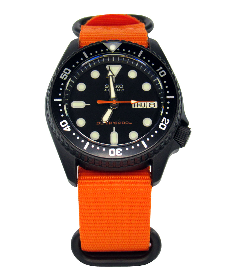 Vintage Seiko skx013 graphite black Cerakote ceramic coating with orange second hand