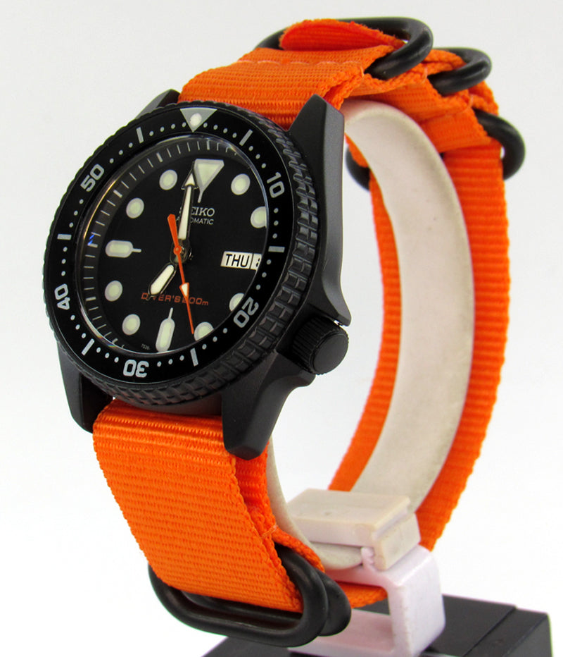 Vintage Seiko skx013 graphite black Cerakote ceramic coating with orange second hand